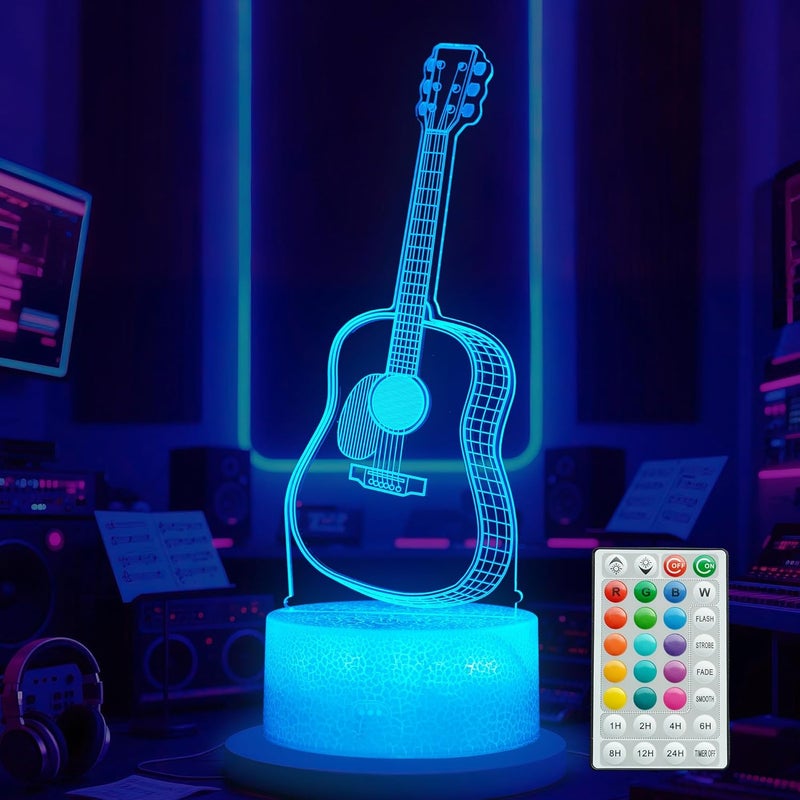 Posshe Guitar Night Light, Guitar Gifts, 3D Illusion Night Light with 16 Colors Changing, Remote Control with Timer, Kids Room Decoration for Holiday Birthday Christmas - Image 1